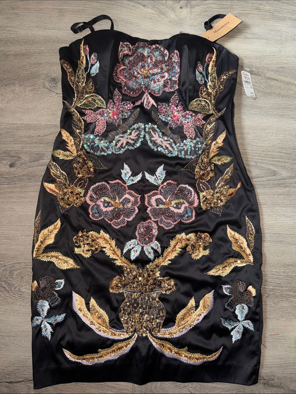 Black Strapless Mini Dress with Multicolor Floral Embroidery